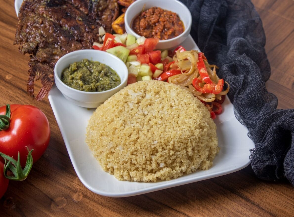 Akyeke — fermented cassava couscous, Esiama