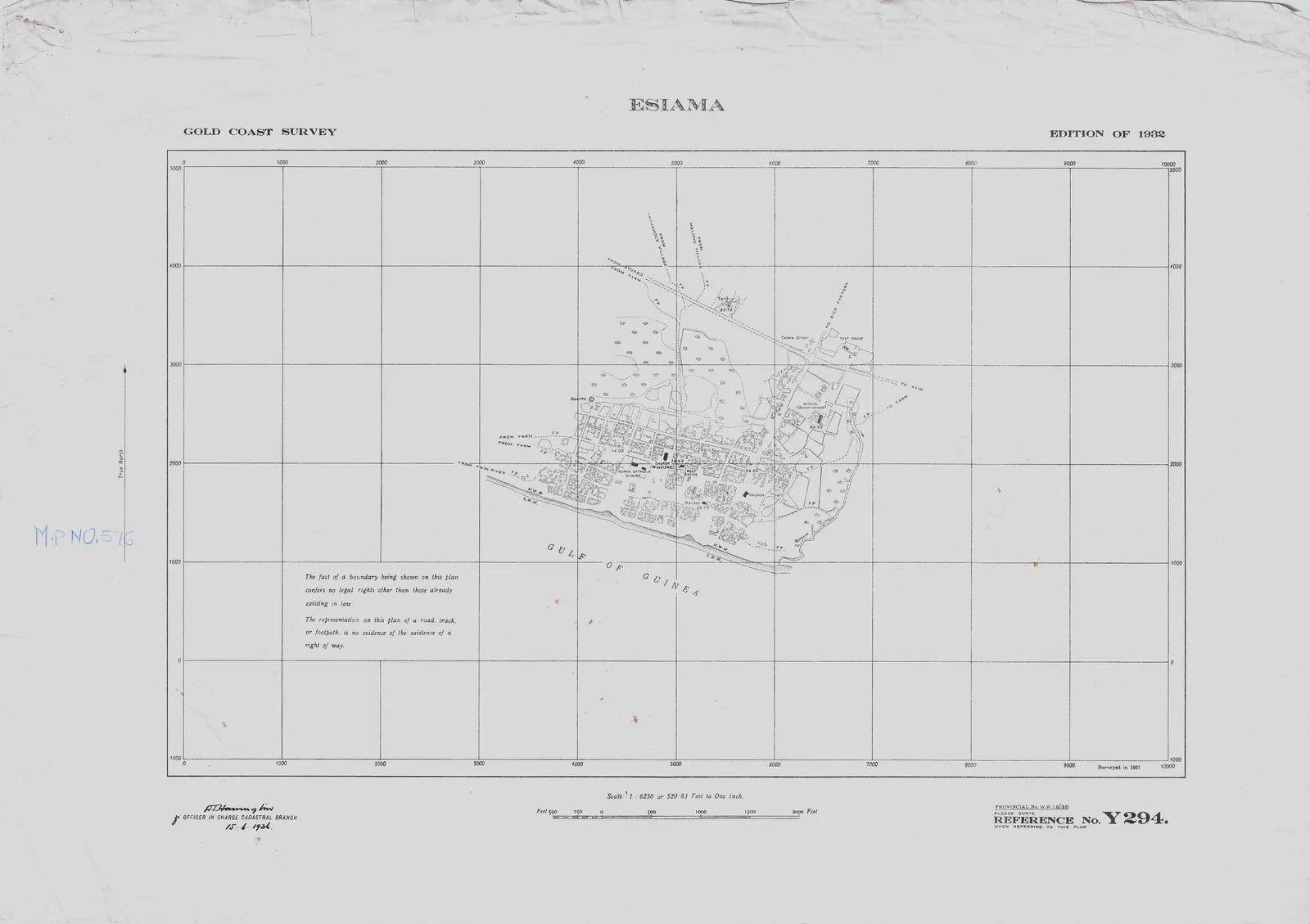 Gold Coast Survey map of Esiama — township boundaries surveyed in 1881, printed in the 1932 edition